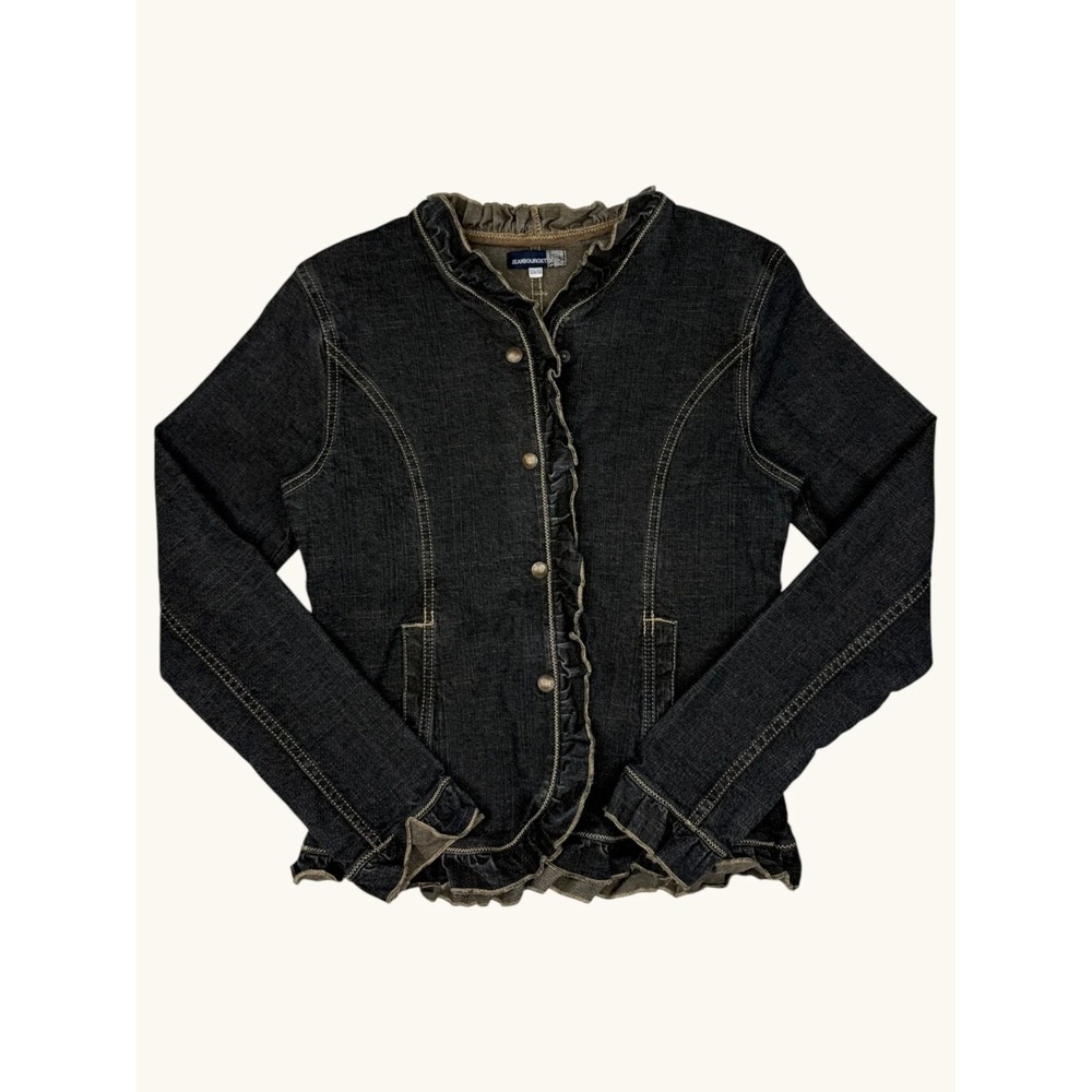Jean Bourget Girls Dark Wash Ruffle Trim Denim Jacket Size 12A 150 Black Blue